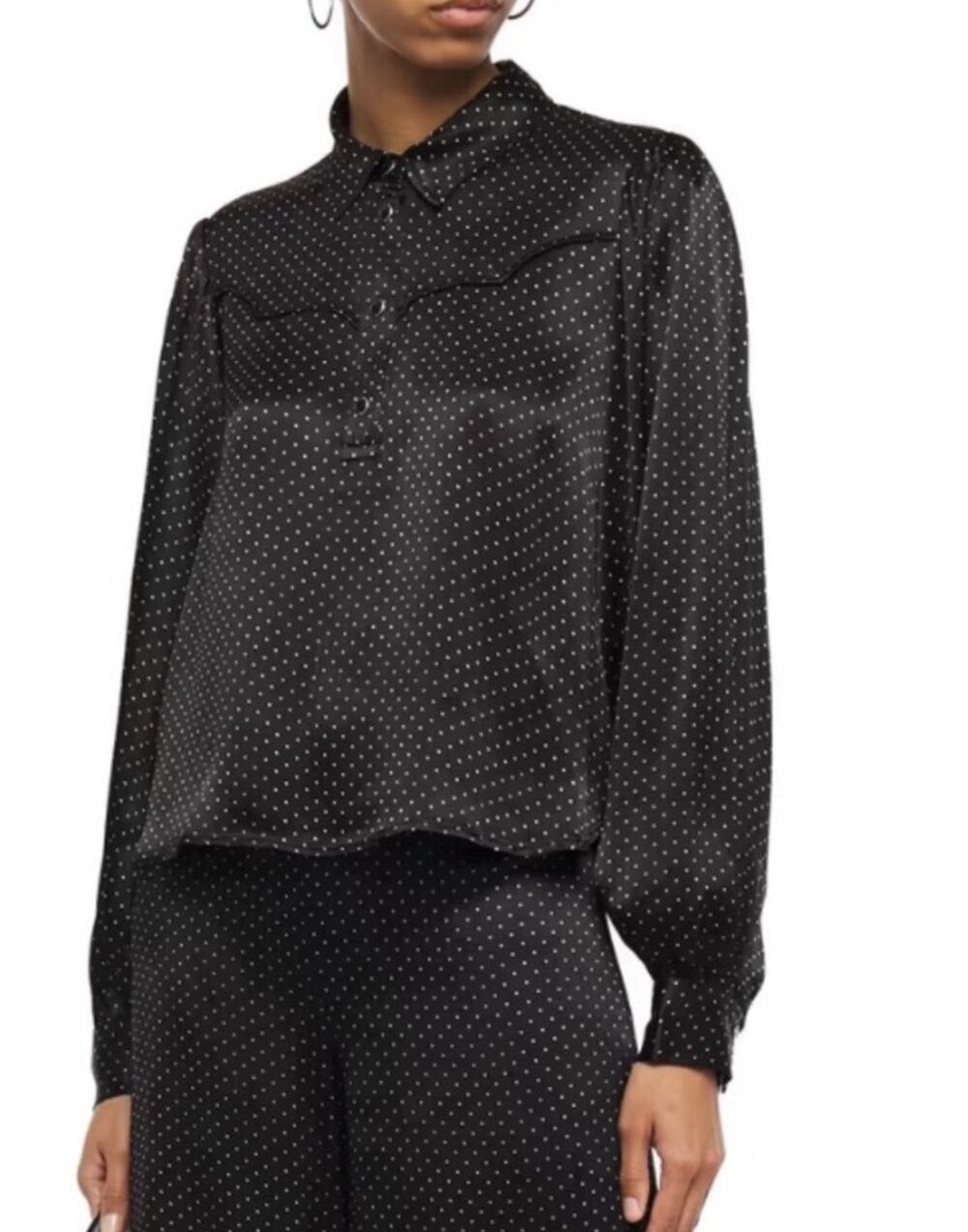 GANNI Blouse Satin Black & White Polka Dot Western Snap Button